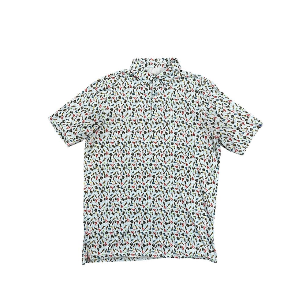 1764 Beer Crab Golf Polo in White Light Blue Lobster Print — Size Medium